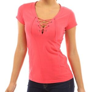 PattyBoutik Coral  V-Neck Lace-Up T-shirt